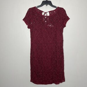 LOFT Dress Womens 6 Red Lace Short Sleeve Shift Lined